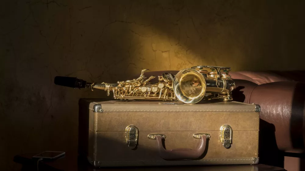 Gold trumpet resting in its leather carry case